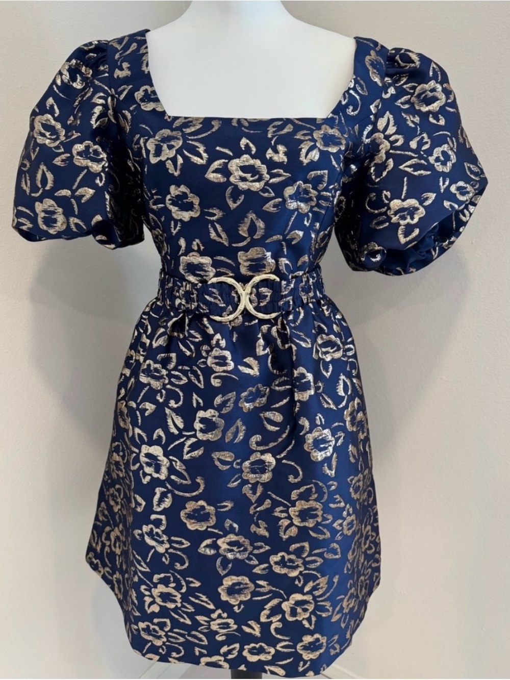 Lilly Pulitzer Navy and Gold Floral Puff Sleeve Dress with Belt